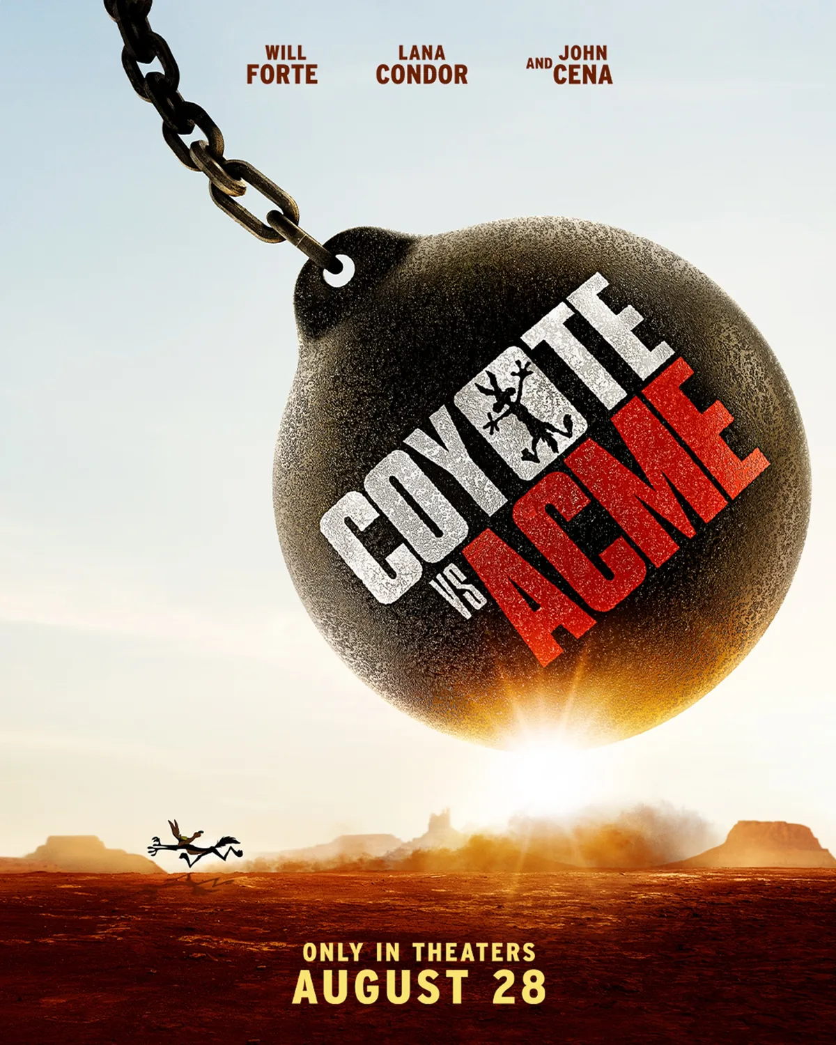 A giant wrecking ball with the Coyote vs. Acme title hangs over a desert where the Coyote chases the Road Runner.